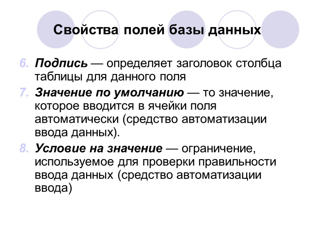 Свойства полей базы данных Подпись — определяет заголовок столбца таблицы для данного поля Значение